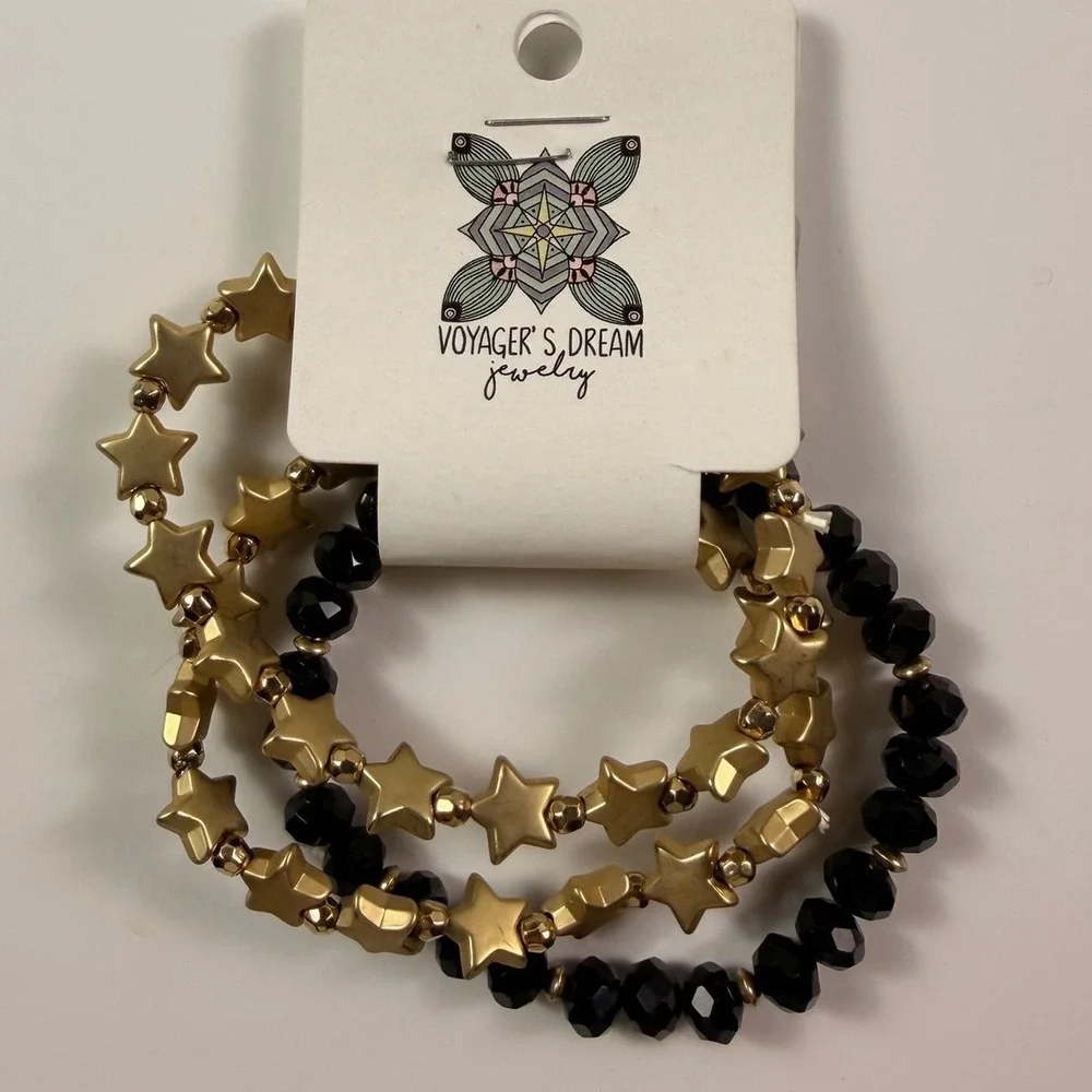 Voyagers Dream Black Gold Stars Bracelet Set 3 Piece Celestial Stretch Jewelry‎